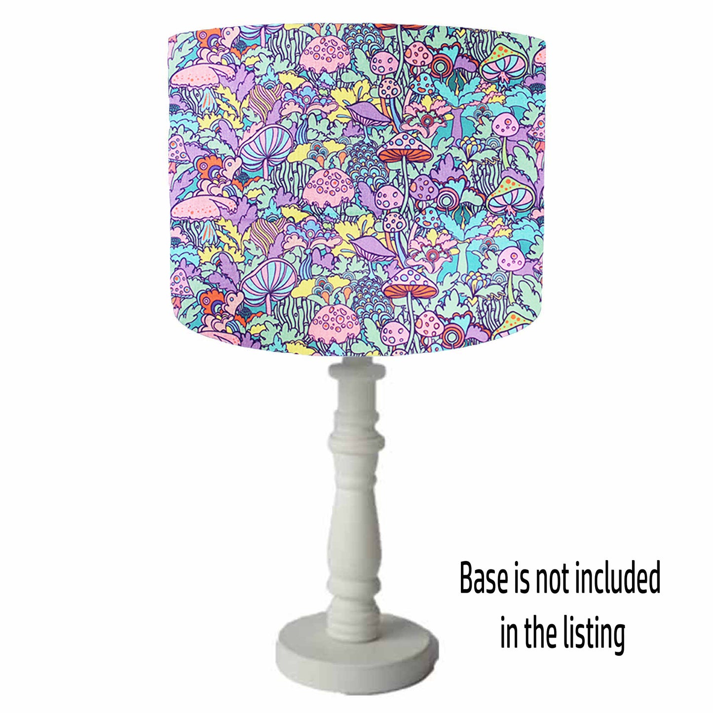 pink blue purple toadstool drum lampshade in 70s style. table lamp view