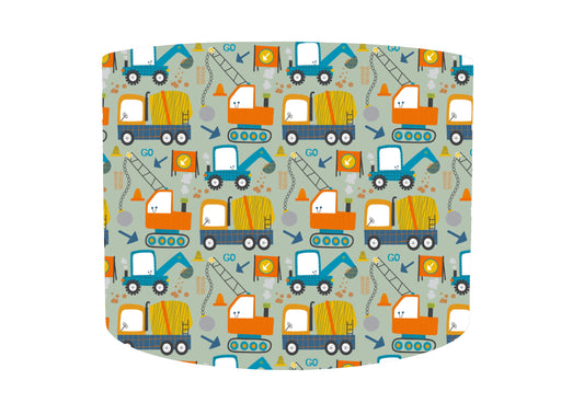 Construction Trucks Lampshade, Sage Green, Transportation Theme Bedroom