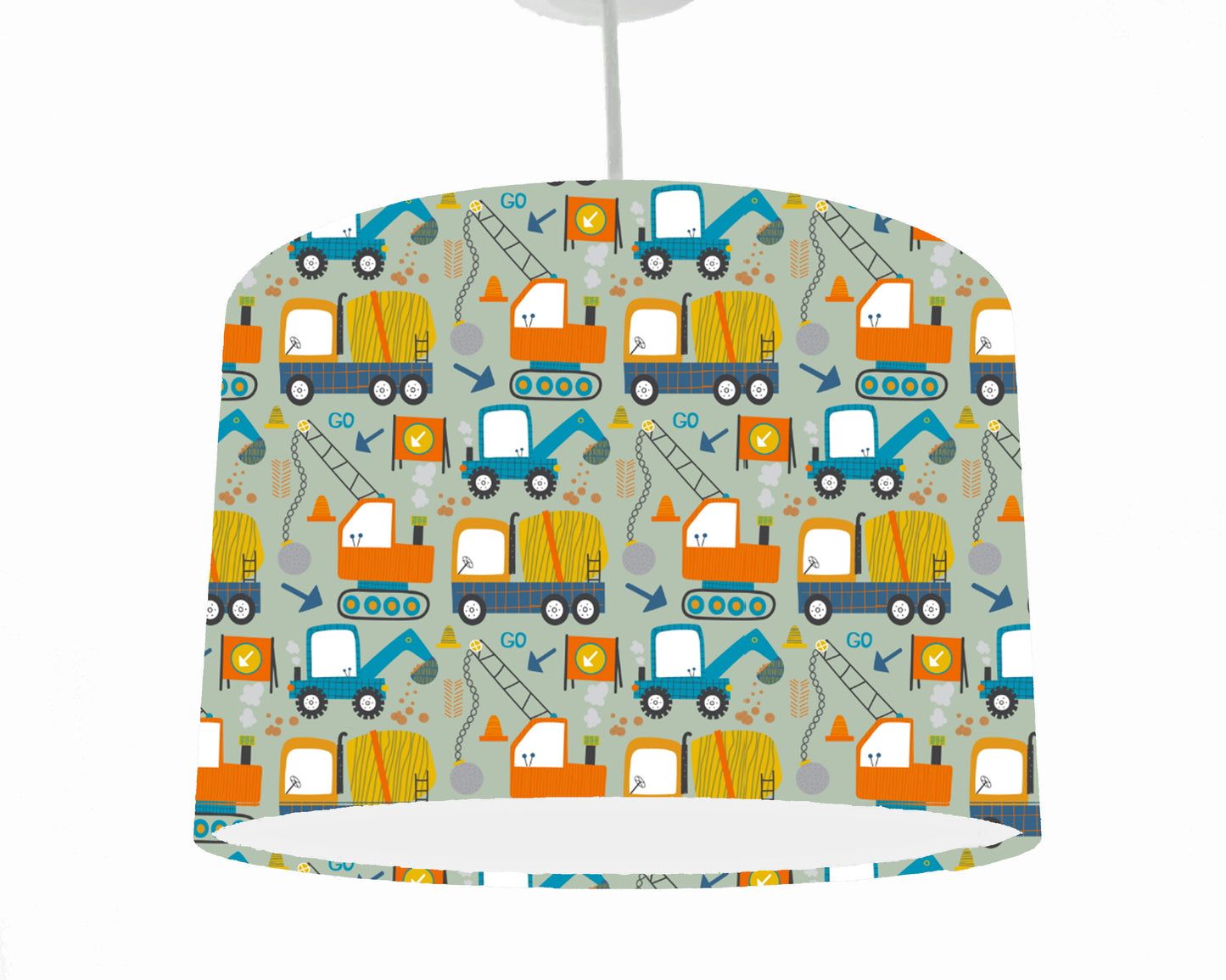 Construction Trucks Lampshade, Sage Green, Transportation Theme Bedroom