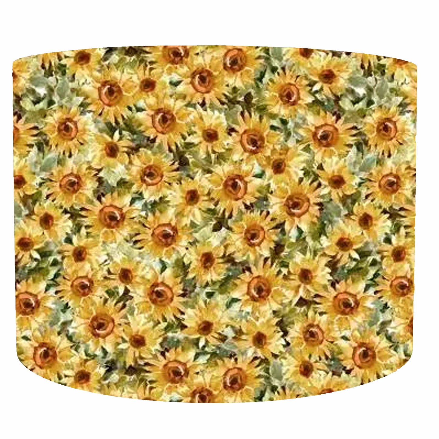 front view of drum lampshade with sunflowers, white lining