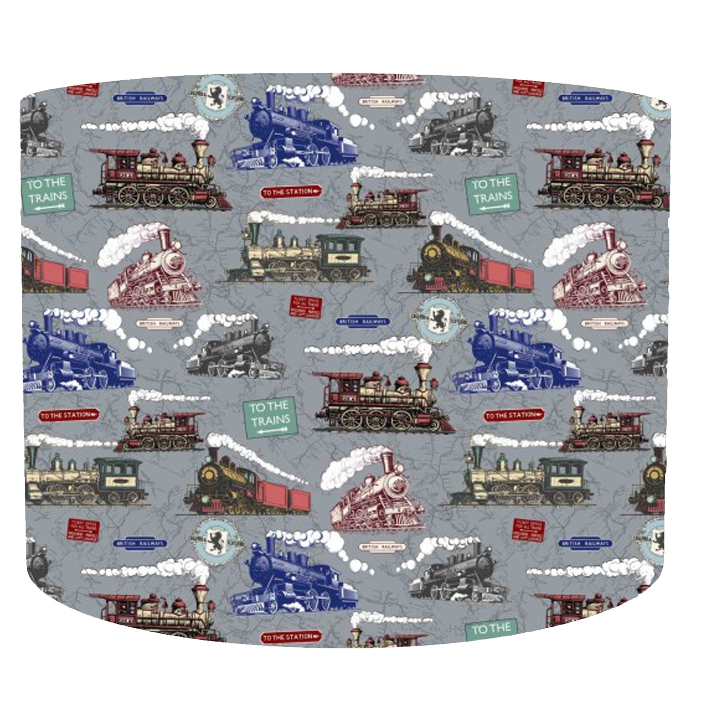 grey drum lampshade with steam trains and different locomotives