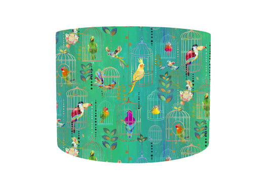 Tropical Bird Lampshade, Green And Gold Home Decor, White Lining
