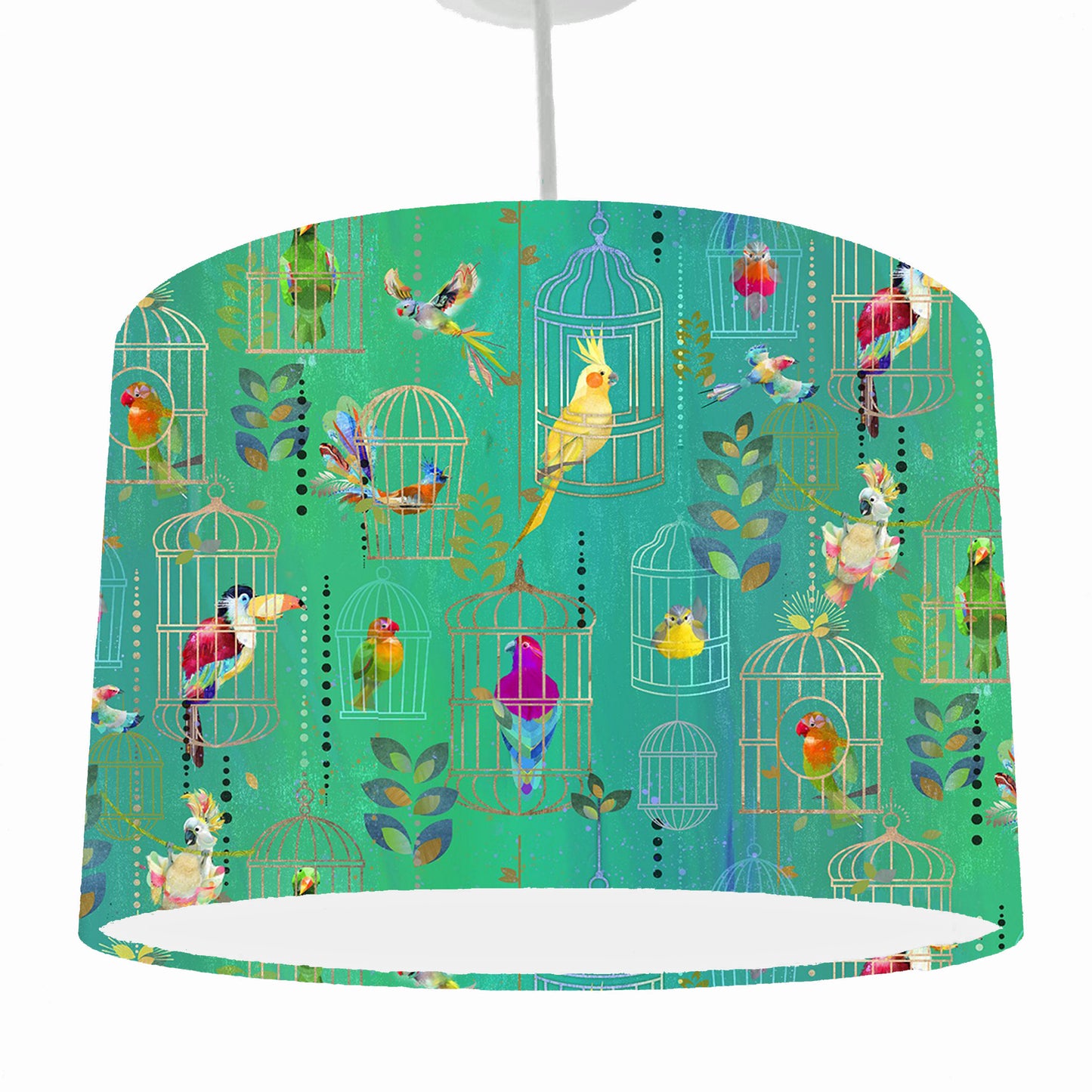 Tropical Bird Lampshade, Green And Gold Home Decor, White Lining