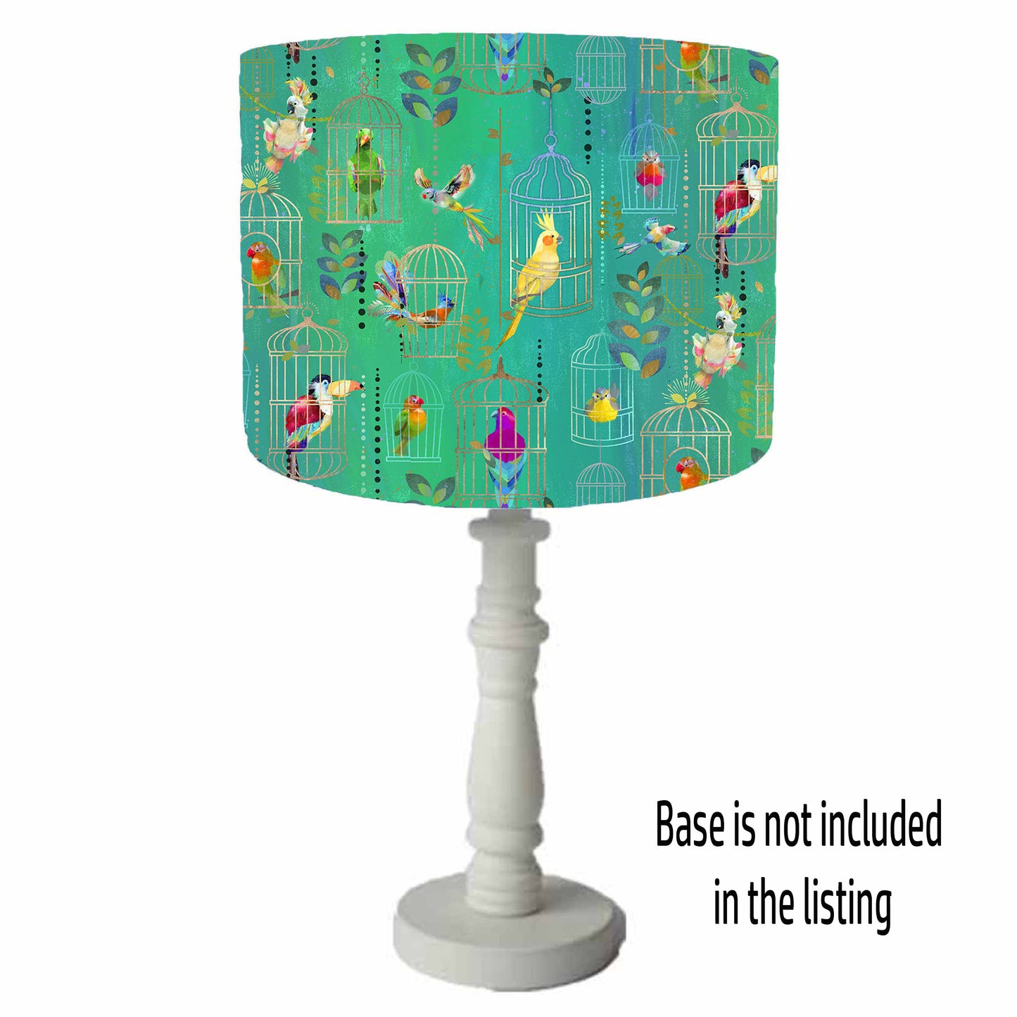Tropical Bird Lampshade, Green And Gold Home Decor, White Lining