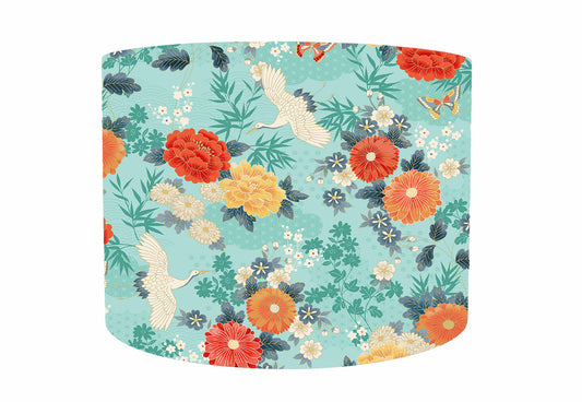 Turquoise Crane And Floral Lampshade, Japanese Themed Home Decor - White Lining