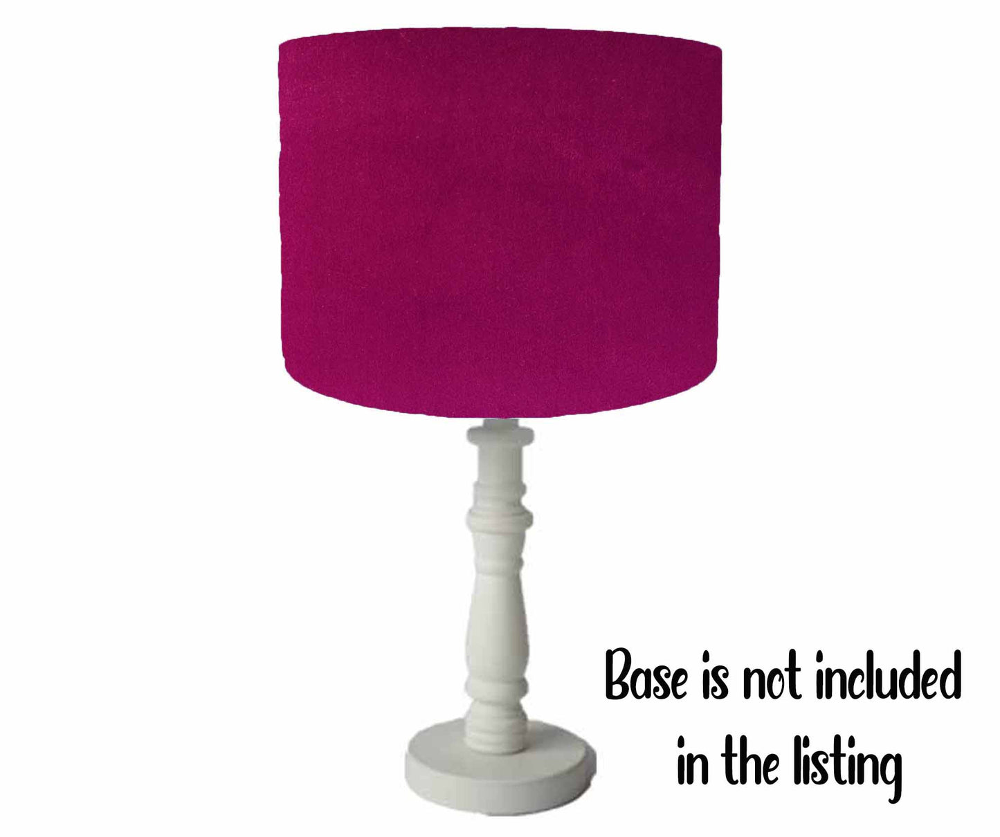 Pink purple velvet drum table lampshade, view of shade sitting on table lamp base