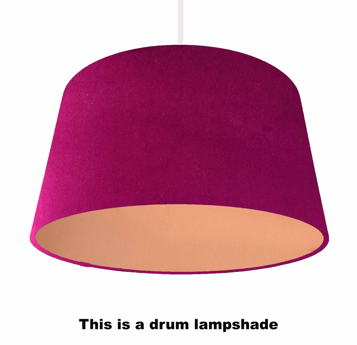 Pink purple velvet lampshade with brushed copper lining, ceiling light view