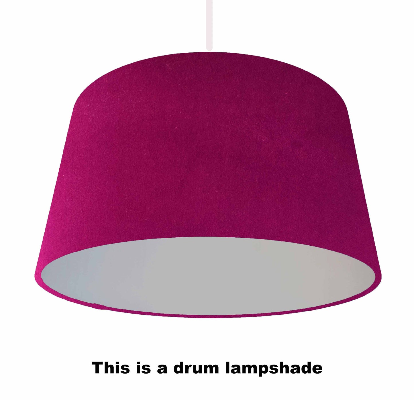 Fuchsia velvet lampshade, silver lining, ceiling light shade view