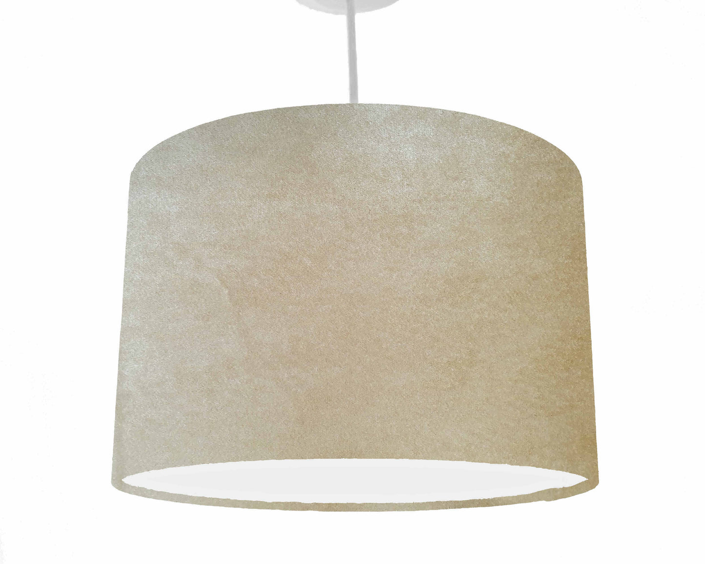 Soft cream velvet ceiling light shade, hanging from the ceiling fixture view