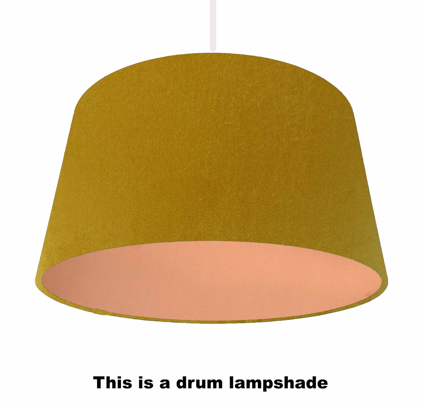 ochre yellow velvet lampshade with copper lining, ceiling light view