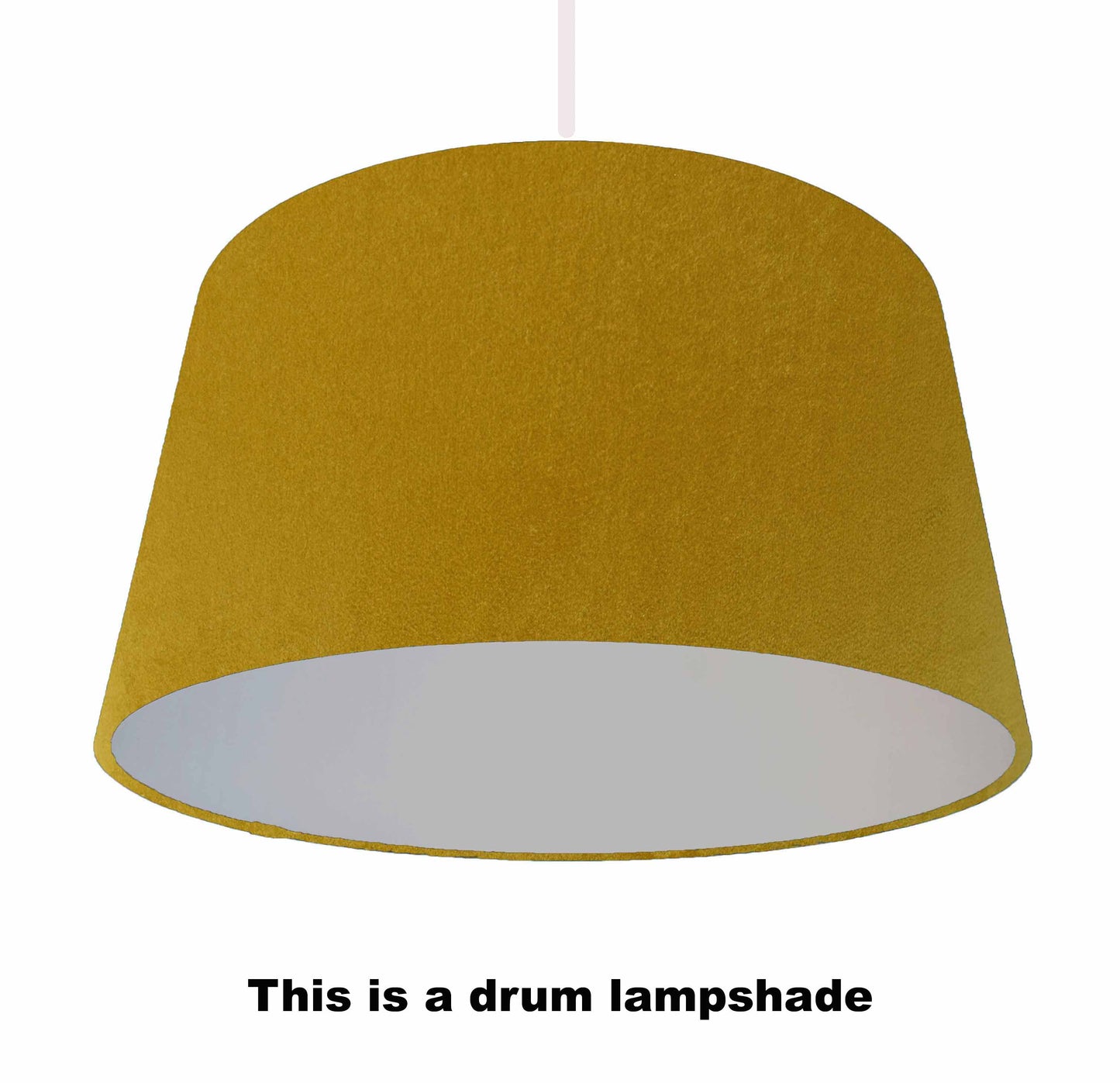 mustard yellow velvet drum light shade with metallic silver lining, hanging ceiling light view