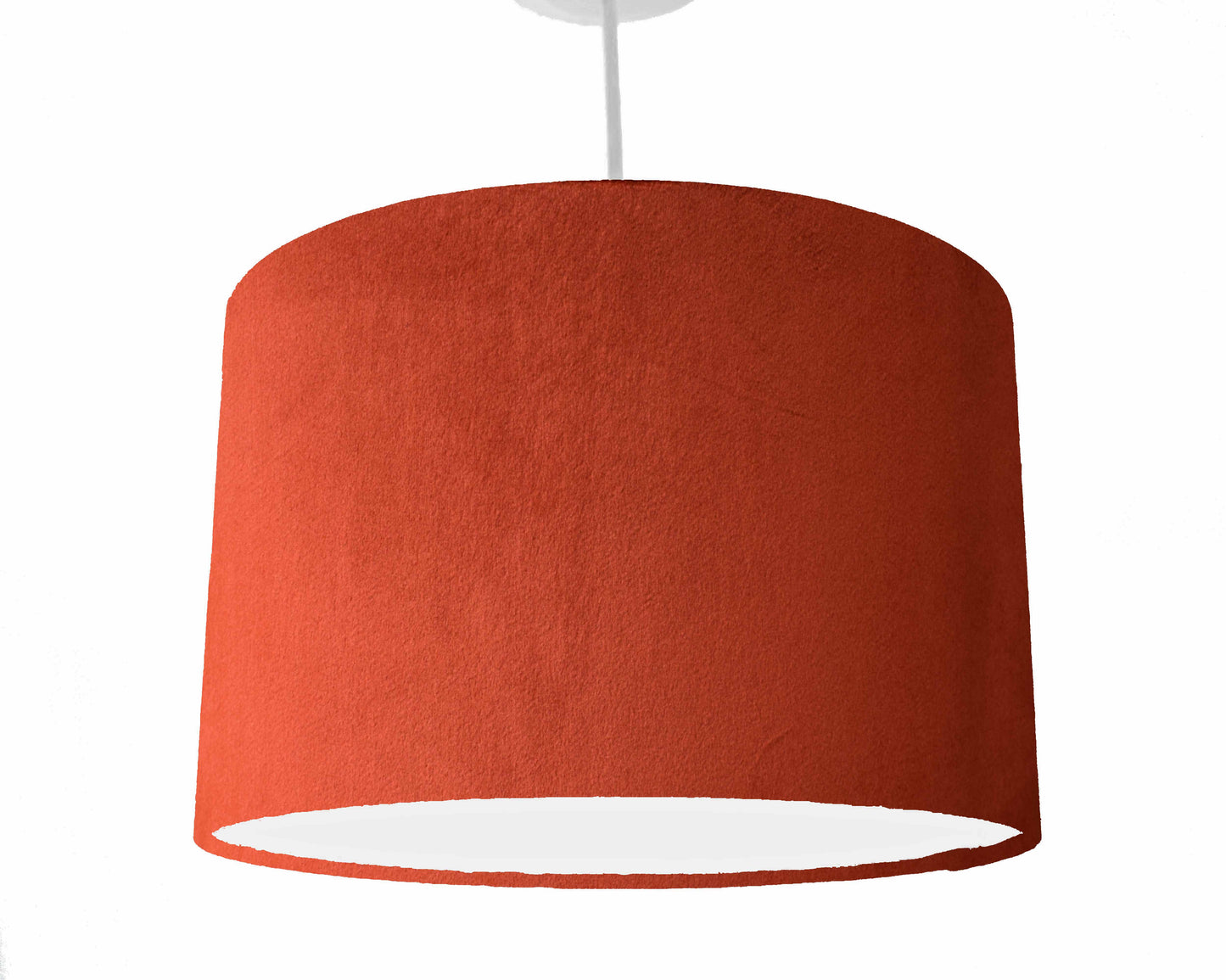 Terracotta orange velvet ceiling light shade, view from hanging light fixture