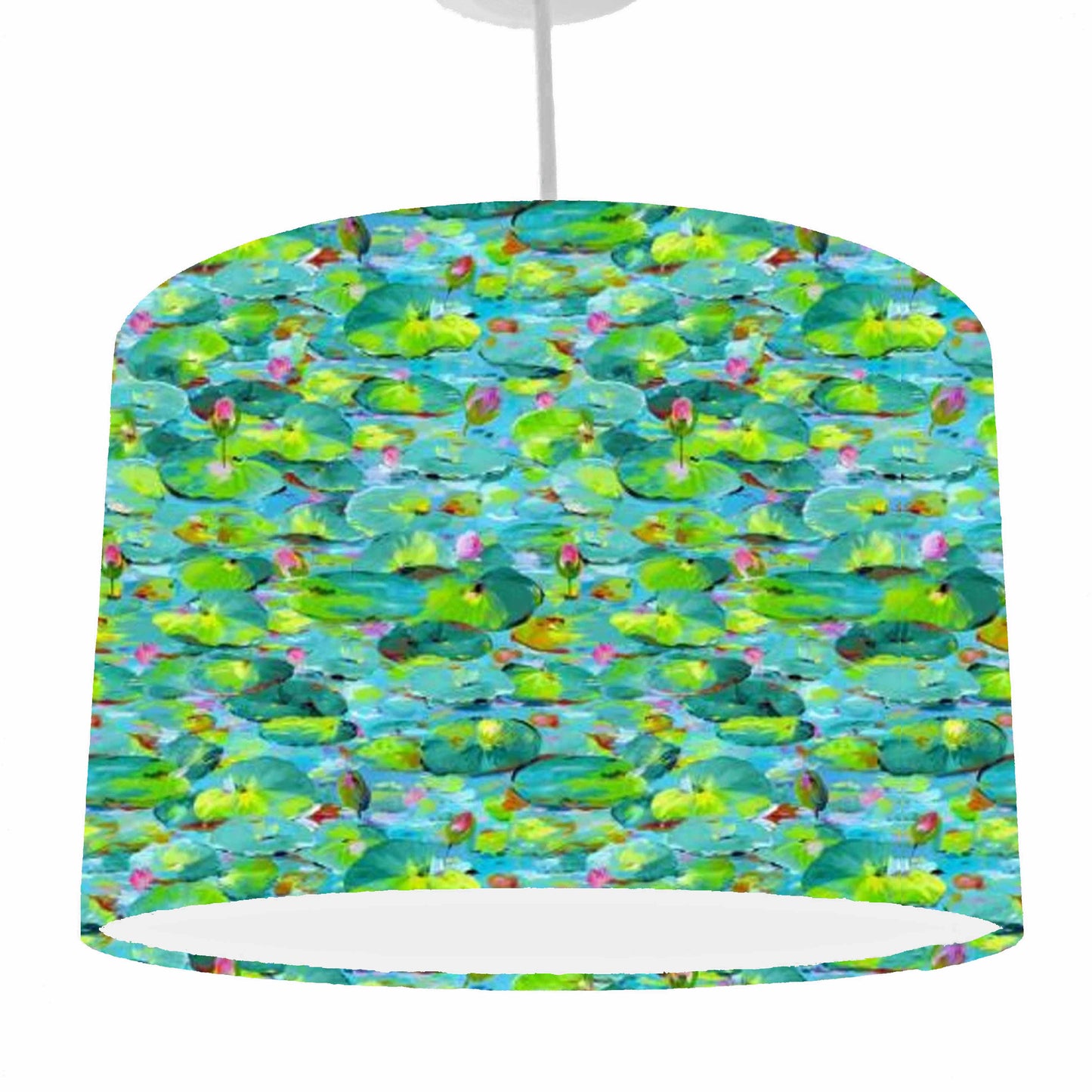 Artistic waterlilies drum lampshade, inspired by Monet, Ceiling light shade view