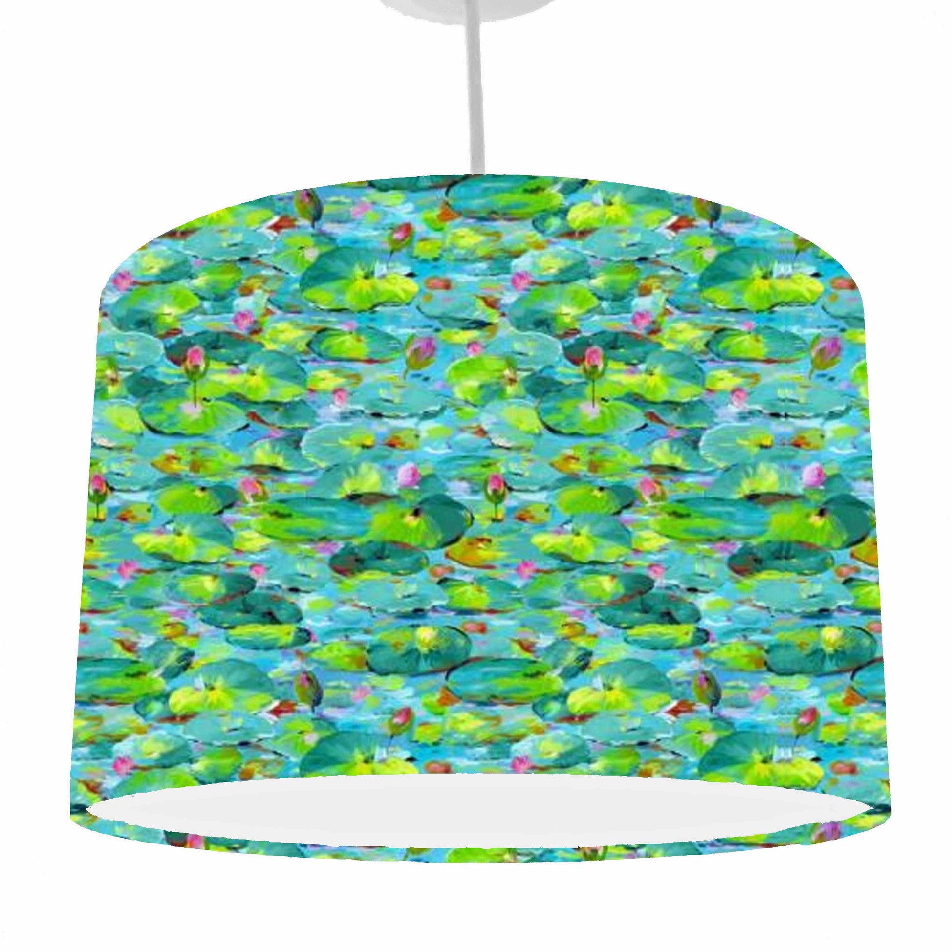Artistic waterlilies drum lampshade, inspired by Monet, Ceiling light shade view