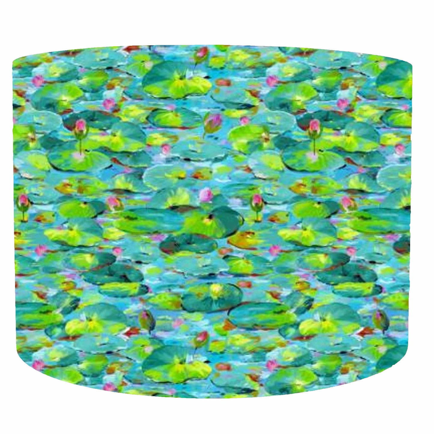 Waterlilies themed drum lampshade, white lining, front view