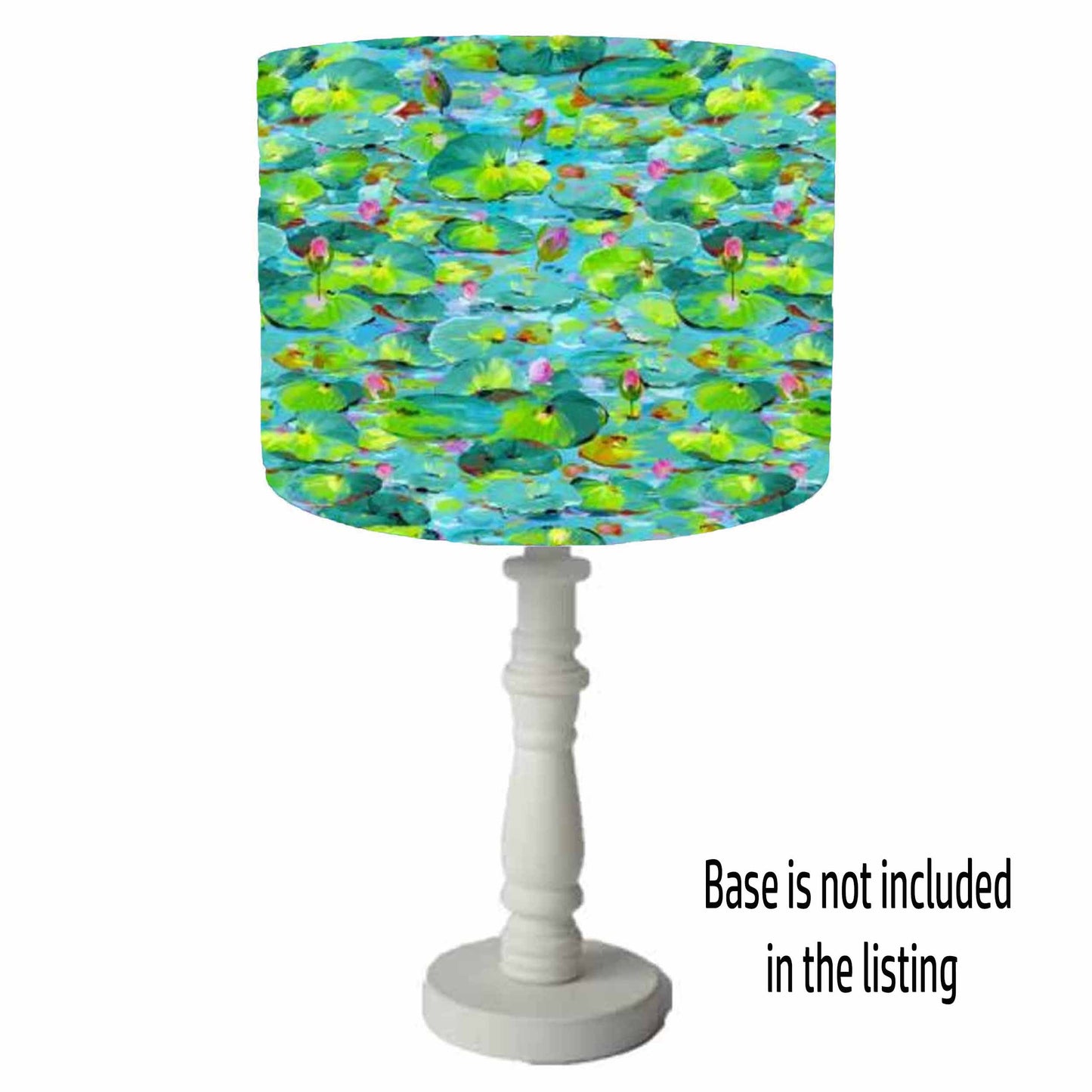 Green, blue drum lampshade with water lilies, table lamp shade view