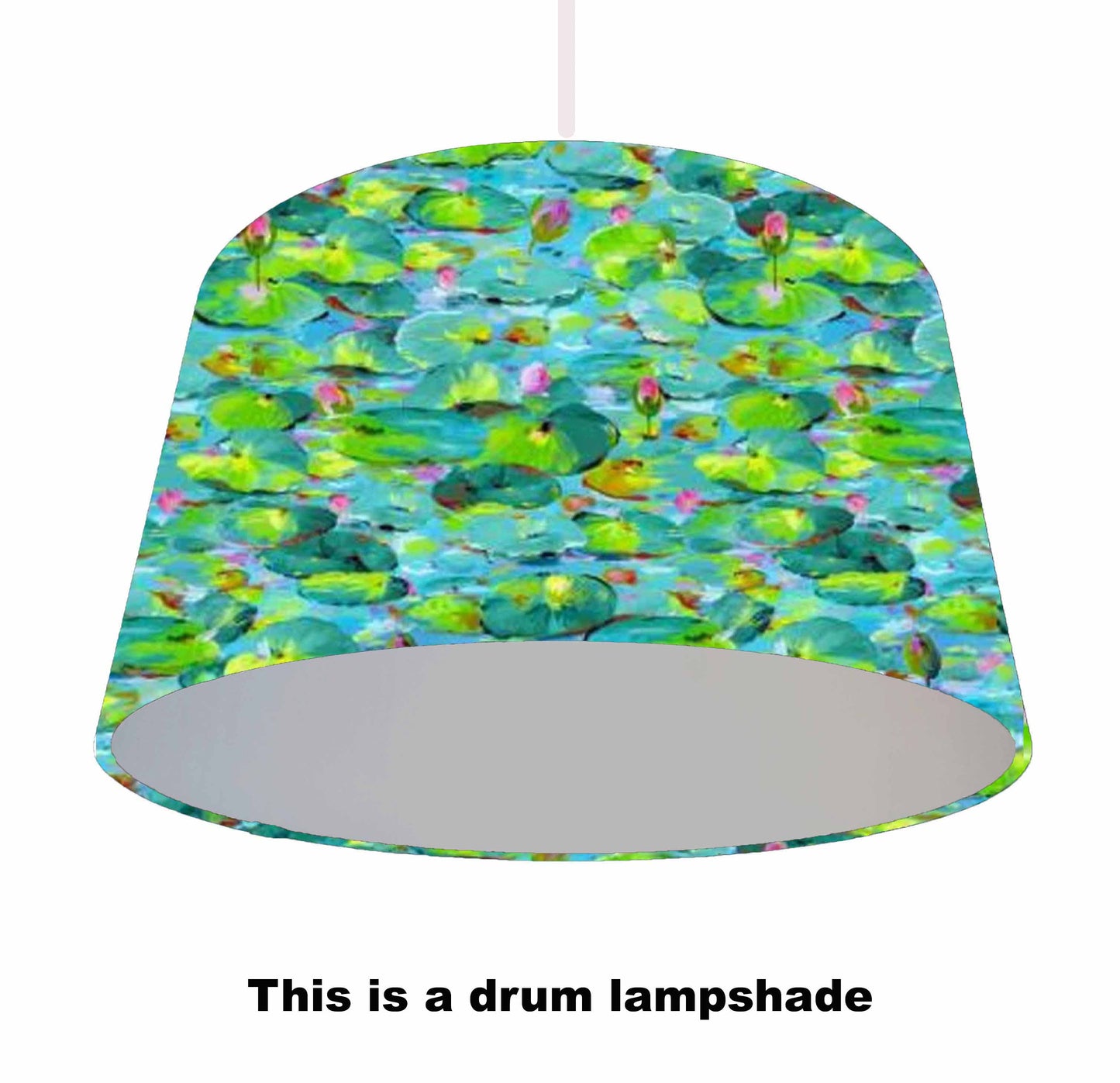 Floral waterscene drum lampshade, with silver lining, ceiling light view