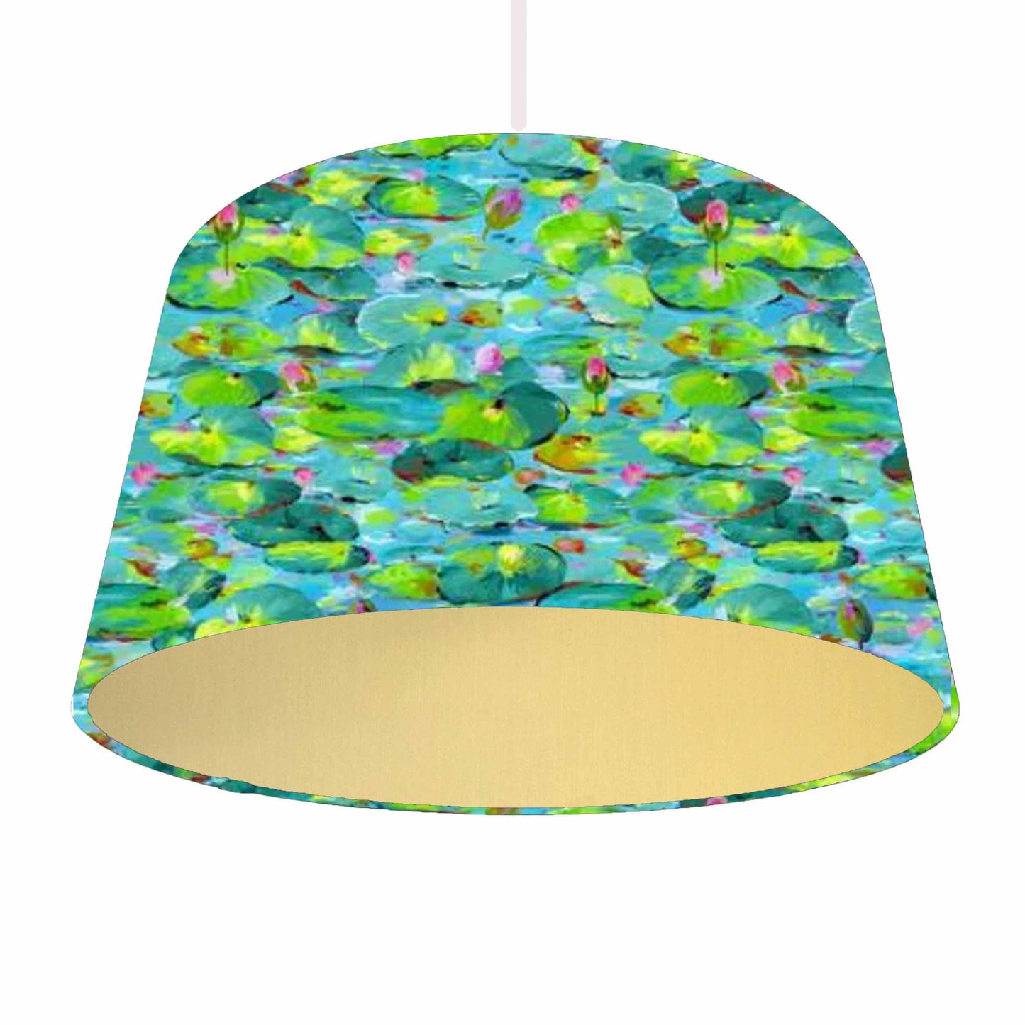 Stunning blue, green and pink waterlilies drum lampshade, gold lining, ceiling light view