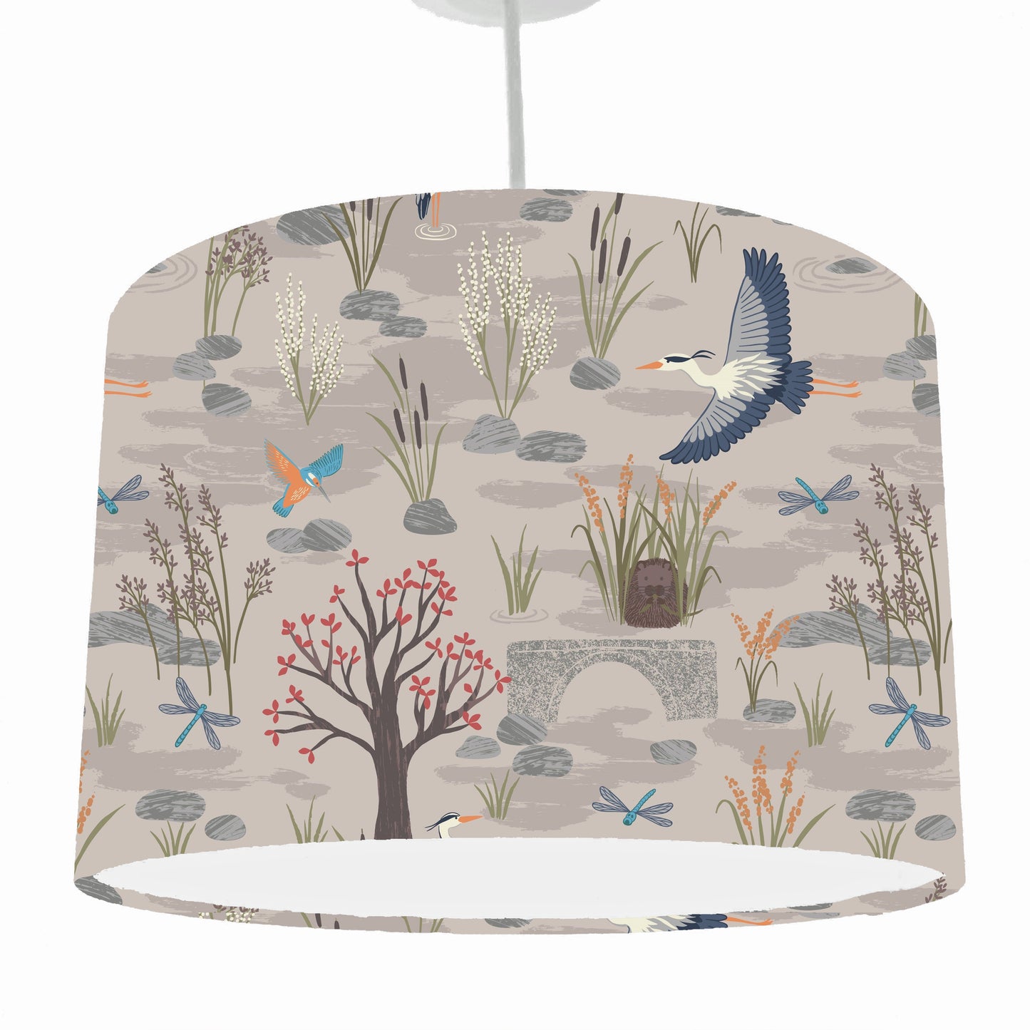 Cream Nature Wildlife Lampshade, Bird And River Scene Light Shade