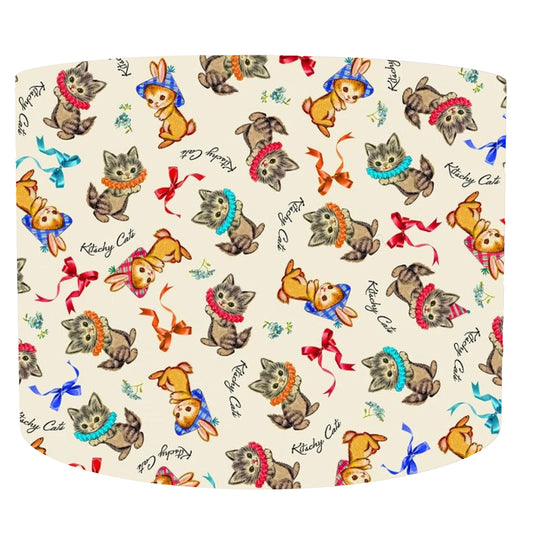 Patterned fabric with cartoon cats on a beige background