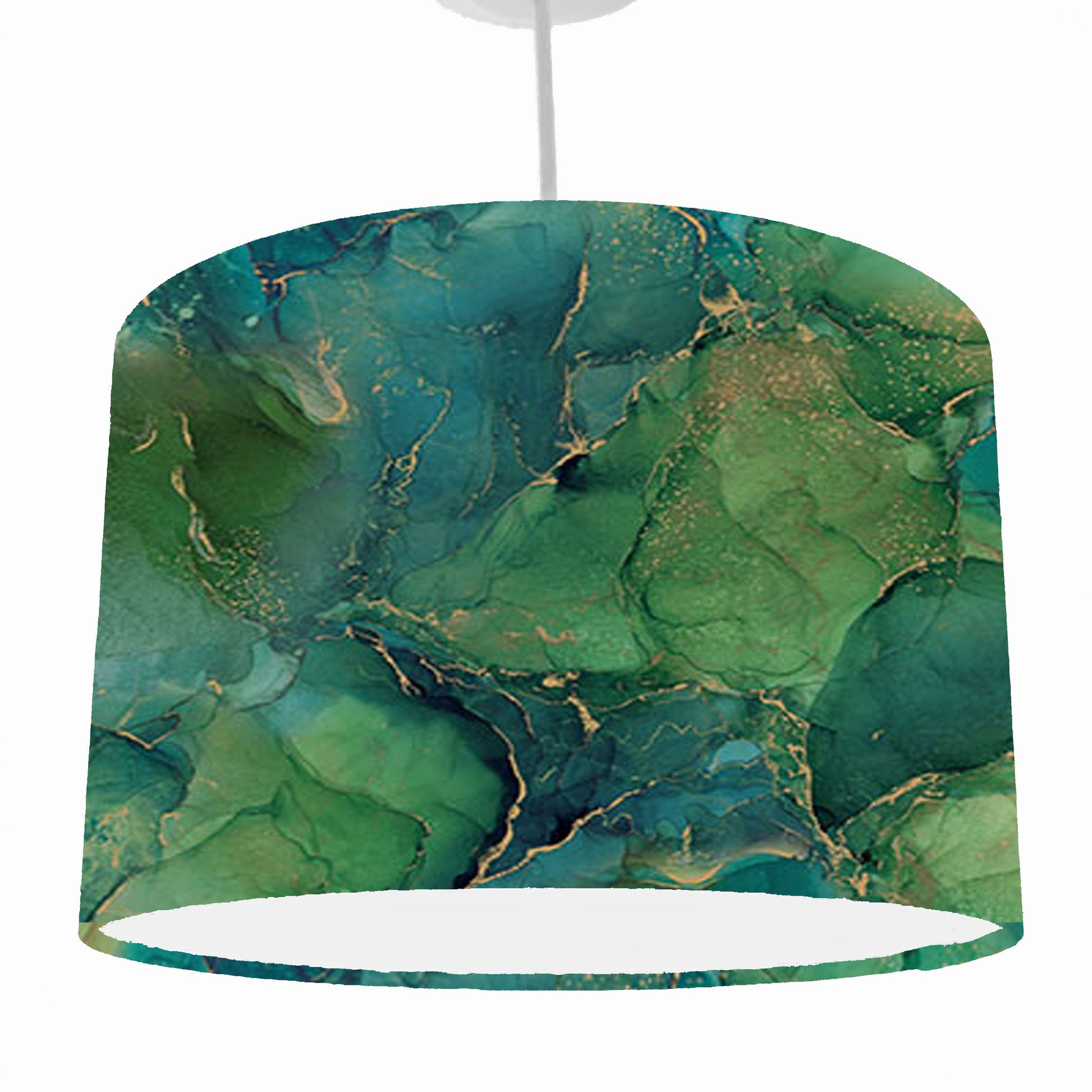 variegated green and gold drum lampshade, ceiling light view