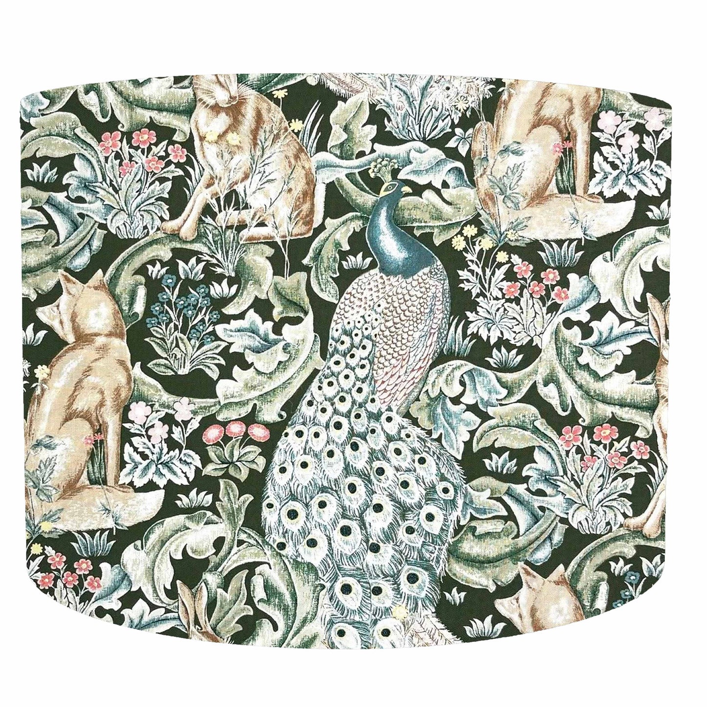 Decorative drum lampshade with peacock, fox, and floral design on a green background