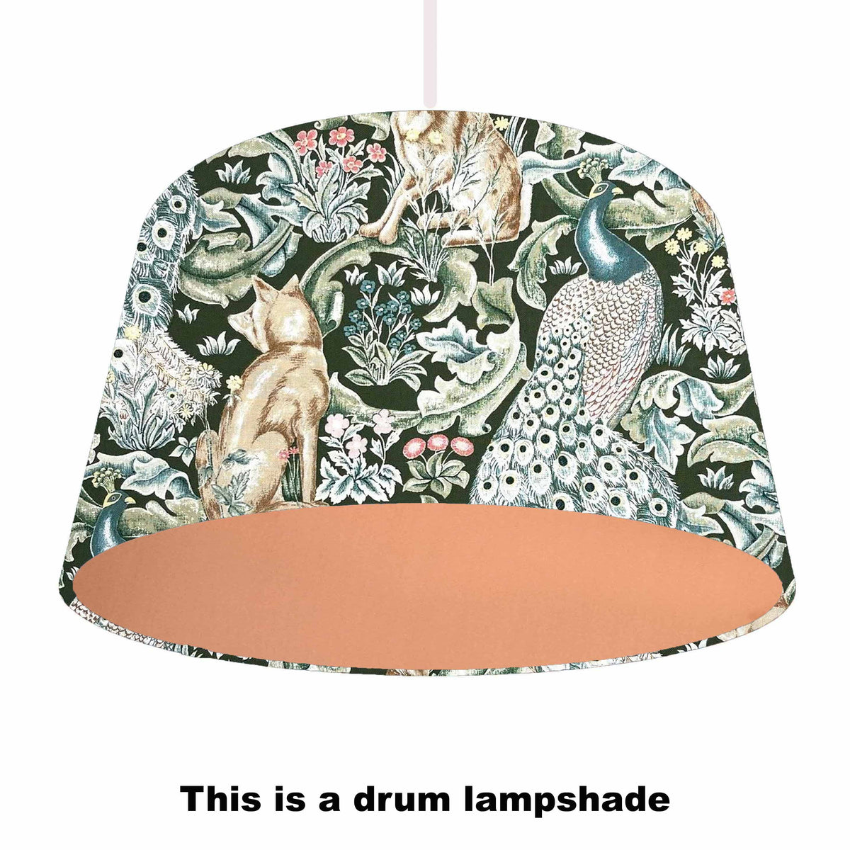 Drum lampshade with nature-themed design featuring animals and flowers, on a green background and made with a copper coloured lining.