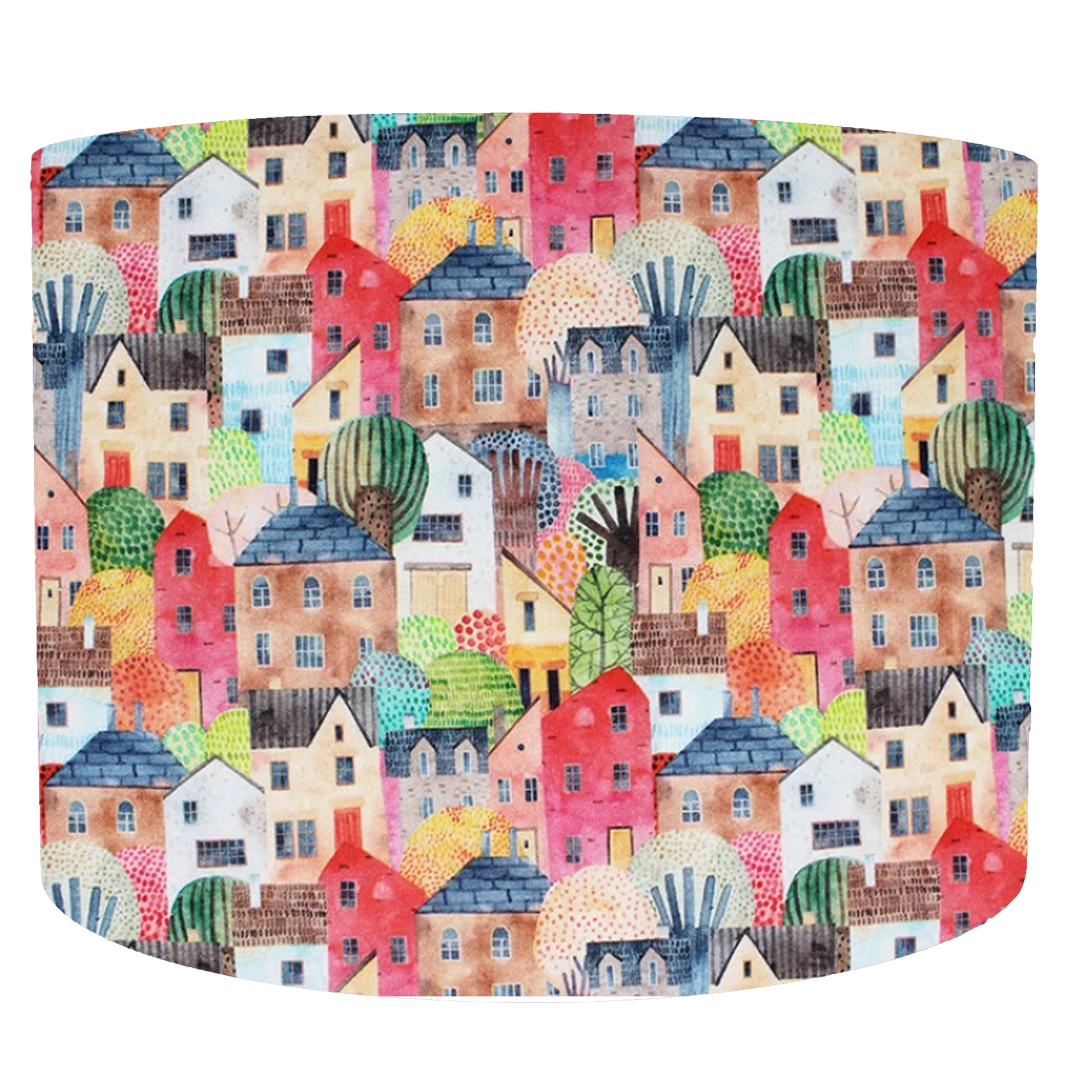 Cute and colurful townhouses design on drum lampshade, front view