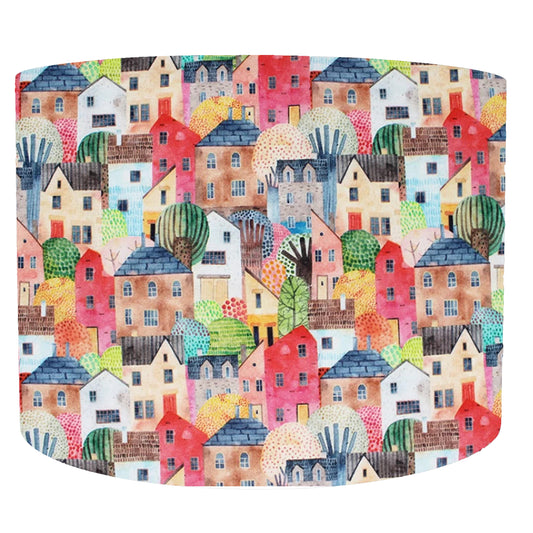 Cute and colurful townhouses design on drum lampshade, front view