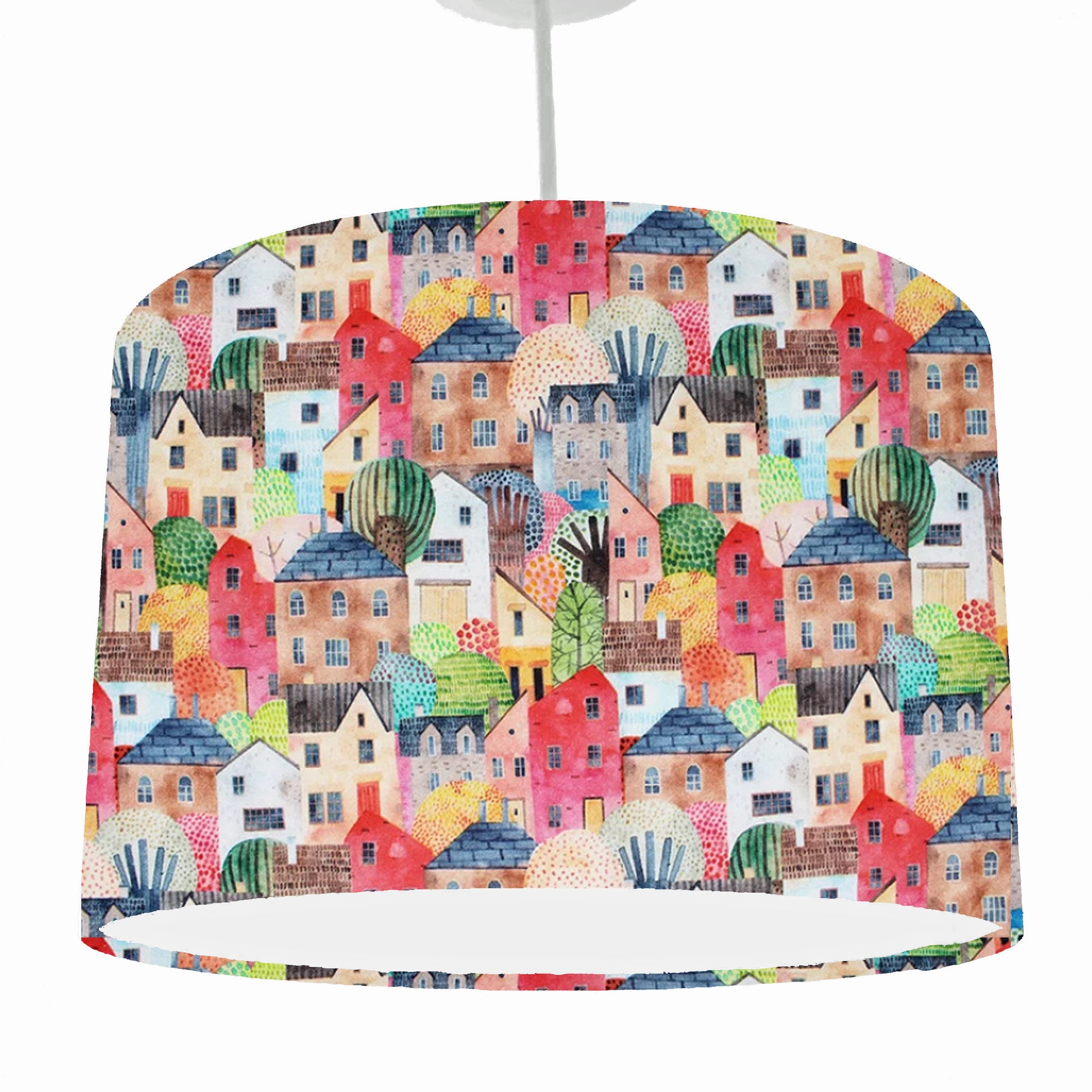 playful houses design drum lampshade, ceiling light view