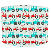 Load image into Gallery viewer, turquoise blue and red tractors set on a white gridline background drum lampshade for kids

