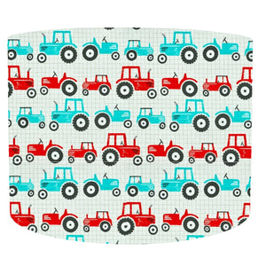 turquoise blue and red tractors set on a white gridline background drum lampshade for kids