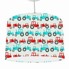 Load image into Gallery viewer, tractor loving kids themed drum ceiling light shade with blue and red tractors

