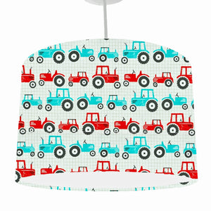 tractor loving kids themed drum ceiling light shade with blue and red tractors