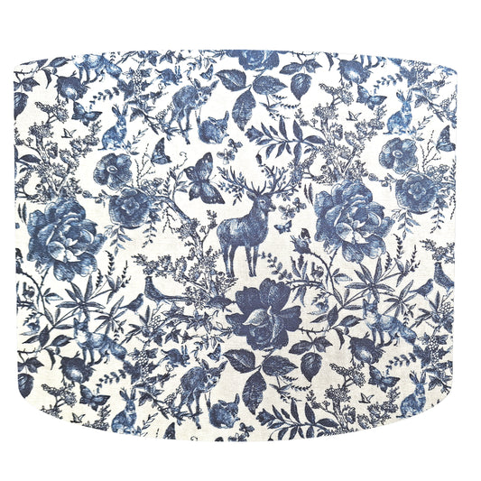 Blue toile forest animals vintage style drum lampshade, front view