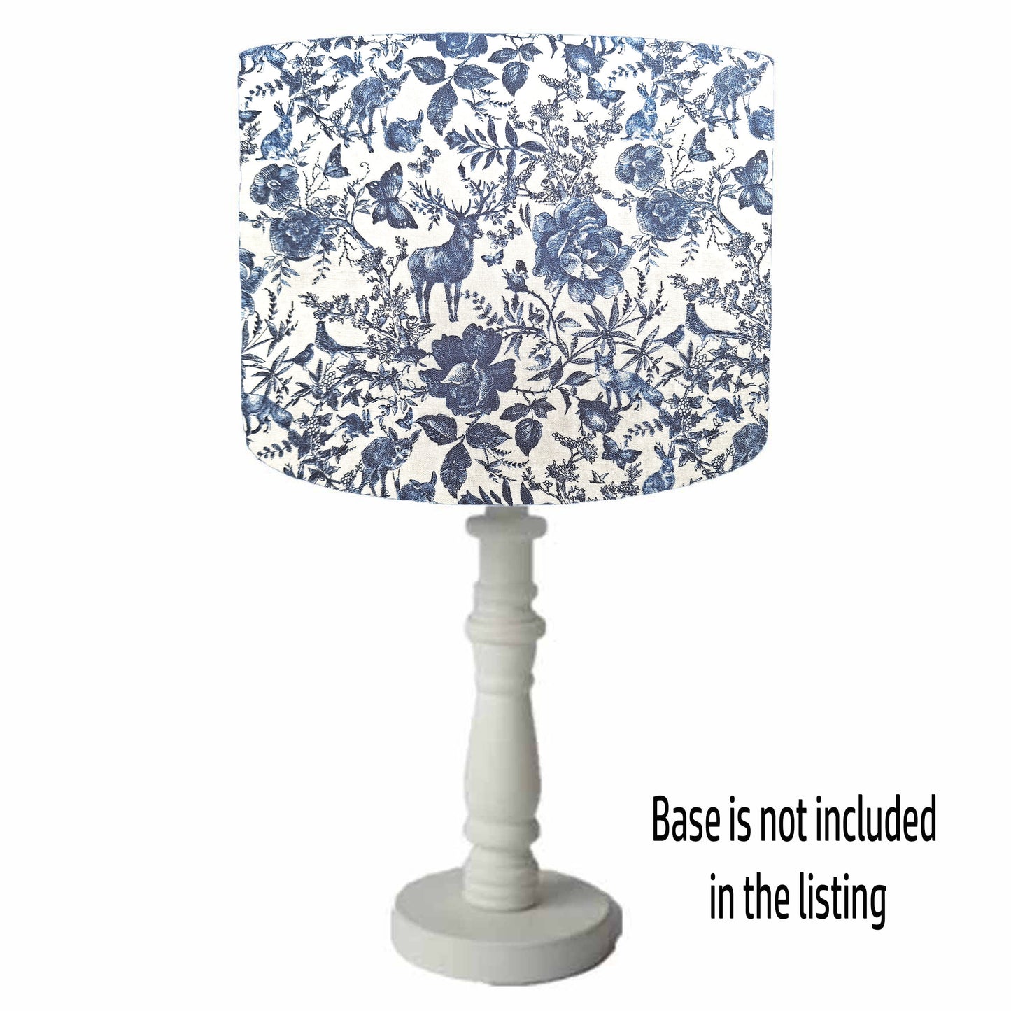 Blue ink nature themed table lamp shade, view from table lamp base