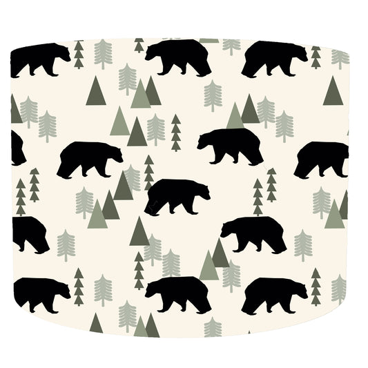 Wild Child Adventure Themed Lampshade with Black Bears on a woodland background. Front view of the drum lampshade