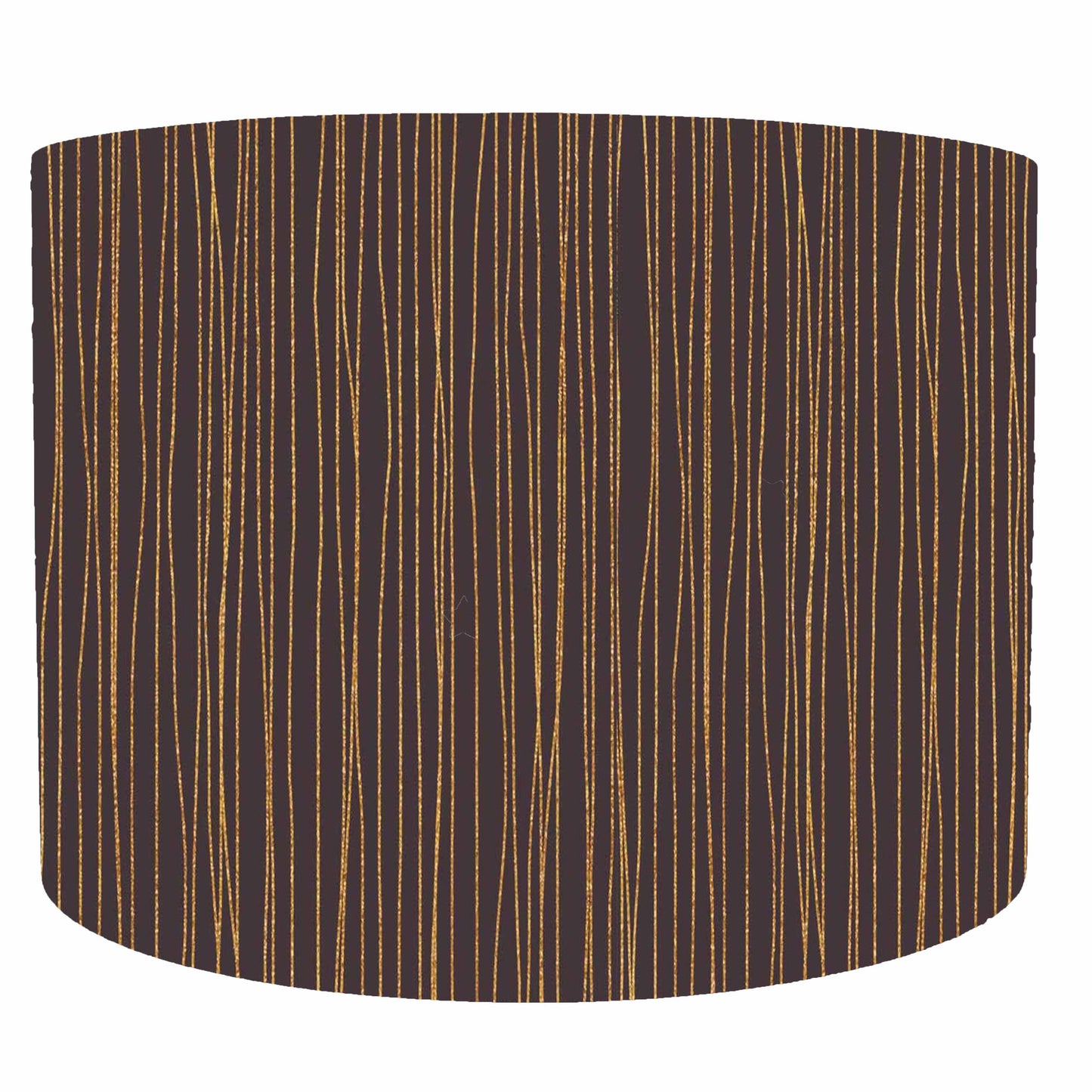Black lampshade with copper vertical stripes.