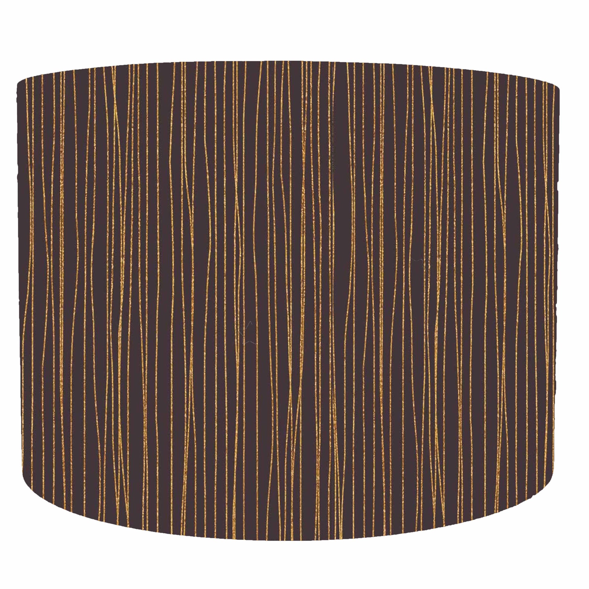 Black lampshade with copper vertical stripes.
