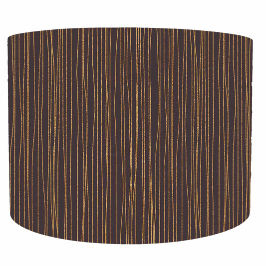 Black lampshade with copper vertical stripes.