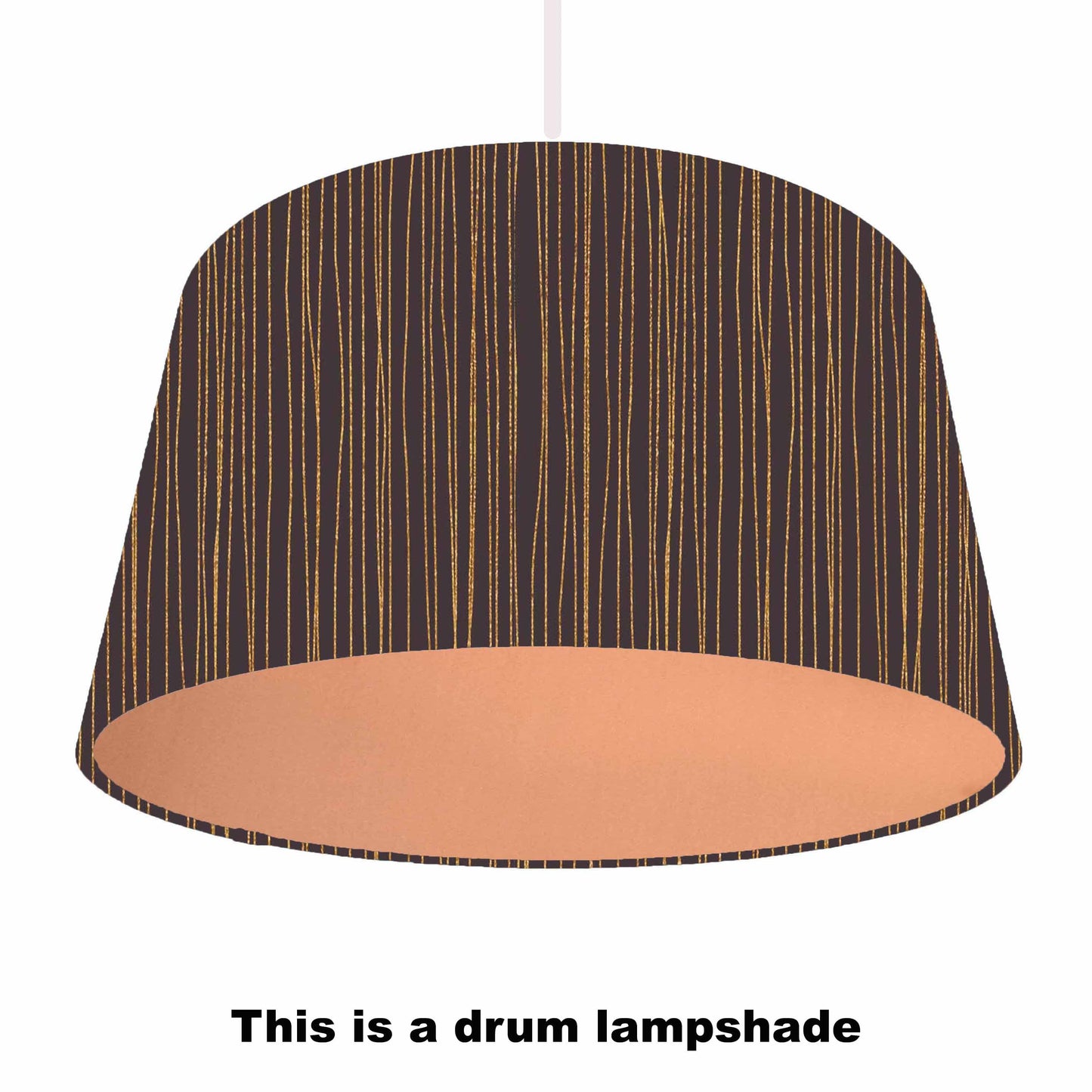 Drum lampshade with black and copper striped pattern, copper lining