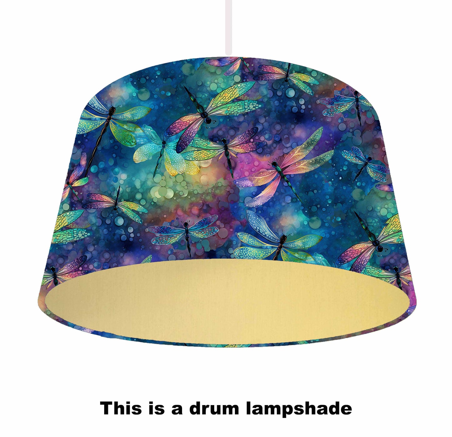 blue green pink and gold background with bold dragonflies drum lampshade, this ceiling light shade has a brushed gold lining and is the ceiling light view