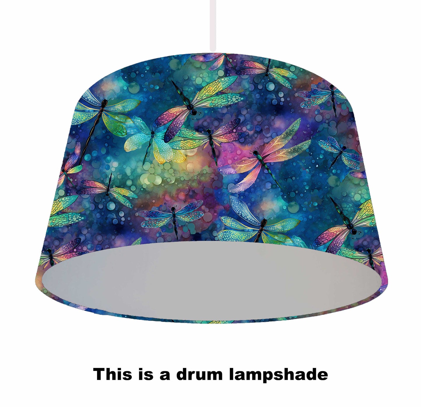 Iridescent effect dragonfly lampshade with brushed silver lining, ceiling light pendant view