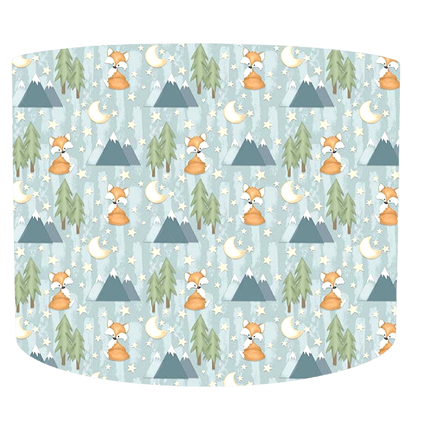 Patterned fabric with foxes, trees, and mountains on a light blue background
