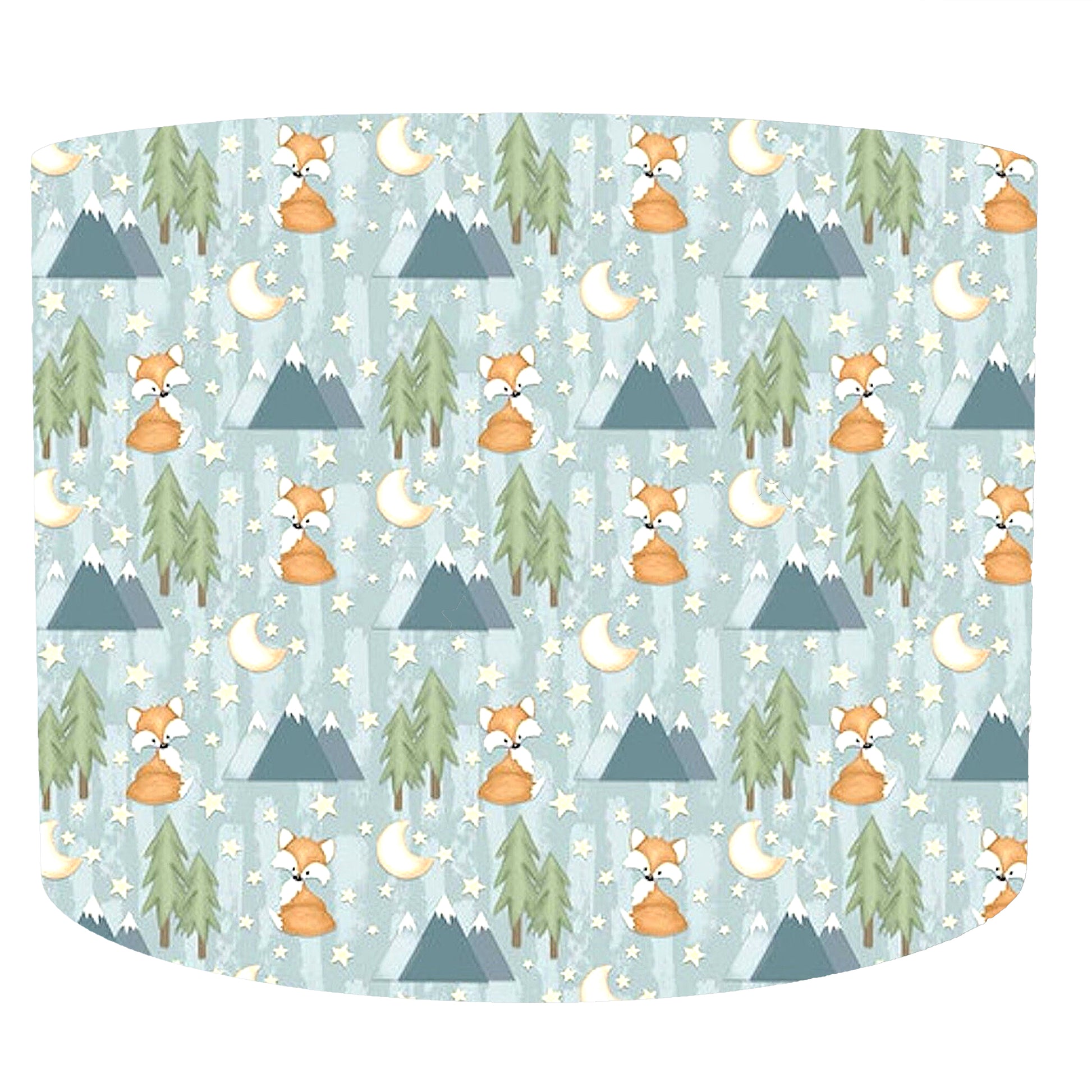 Patterned fabric with foxes, trees, and mountains on a light blue background