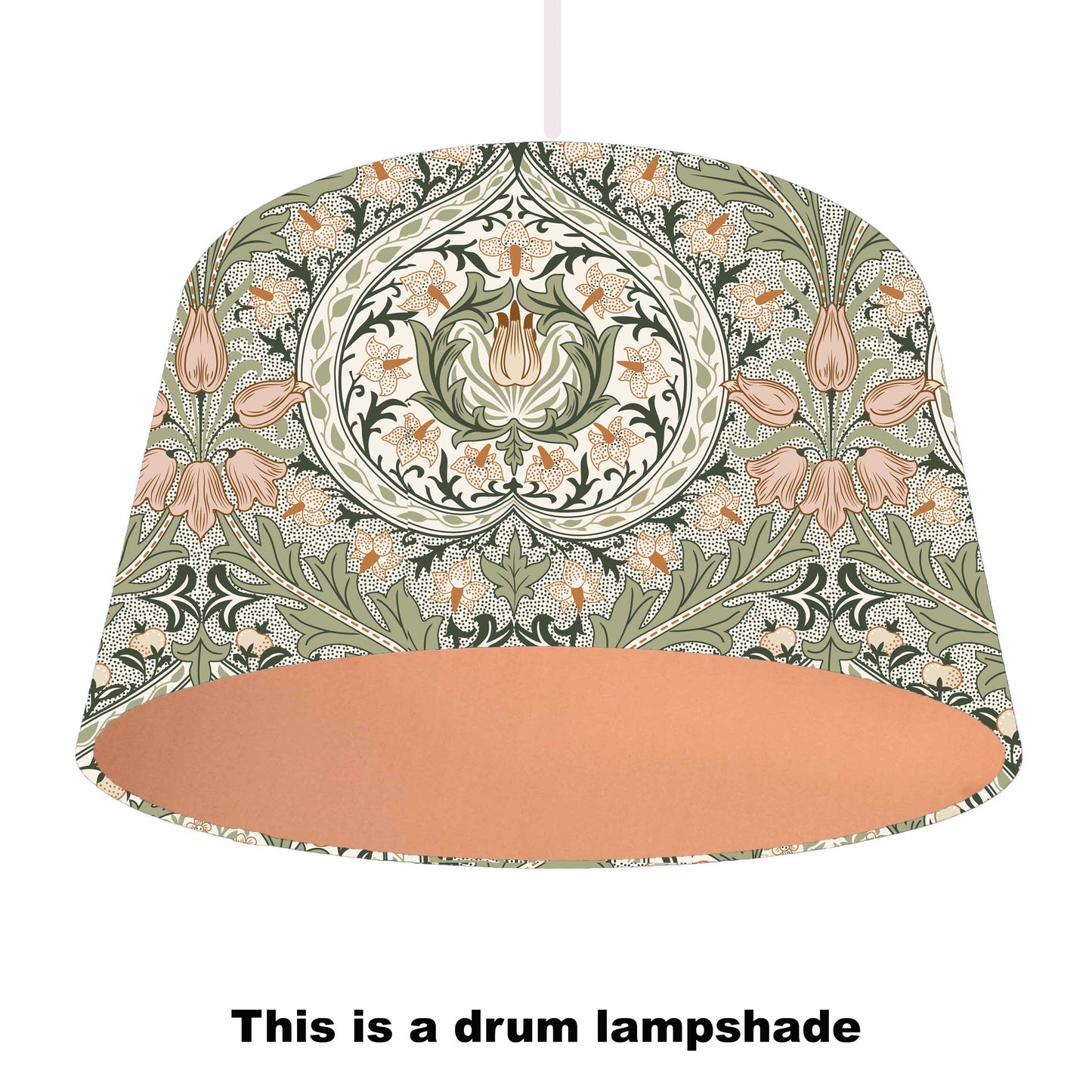 William Morris Sweet Symphone green lampshade with copper lining, ceiling light view
