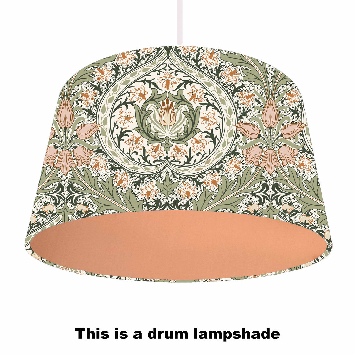 William Morris Sweet Symphone green lampshade with copper lining, ceiling light view