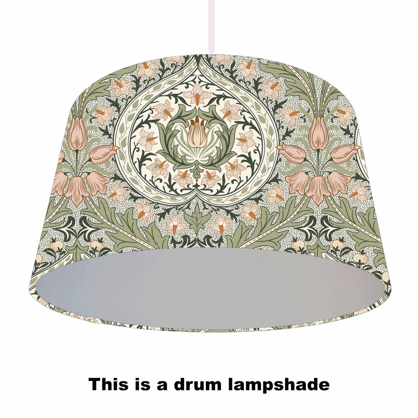 William Morris Green rose pattern with peach detailing. Silver lining, Ceiling light view