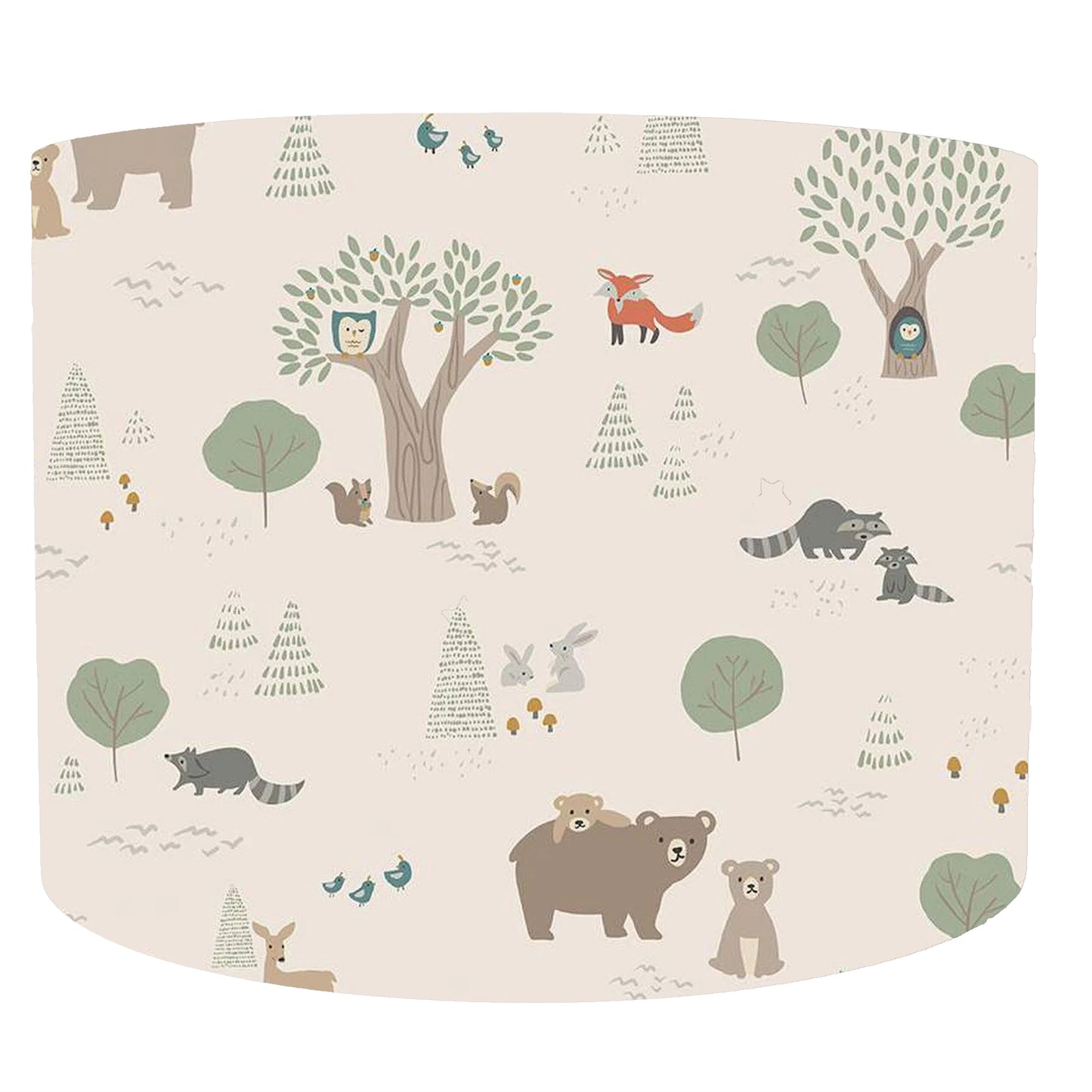 Forest animals and trees patterned drum lampshade on a beige background