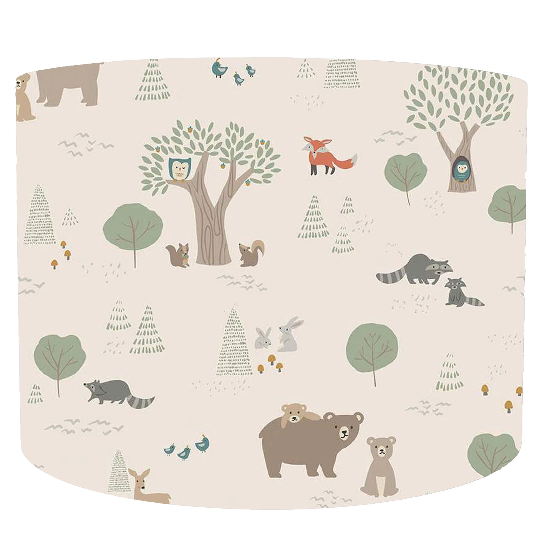 Forest animals and trees patterned drum lampshade on a beige background